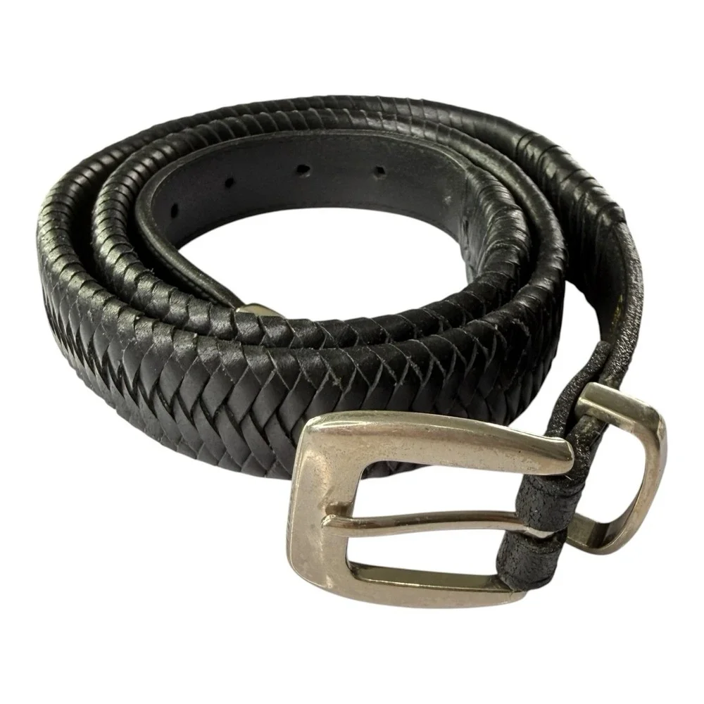 Genuine Leather Woven Braided Belt Black Silver Buckle Men's Large 100 108 Boho